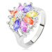 Lesklý prsteň striebornej farby, farebný kvet z brúsených kamienkov - Veľkosť: 54 mm