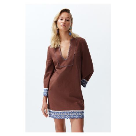 Trendyol Brown Mini Woven Stripe Accessory 100% Cotton Beach Dress