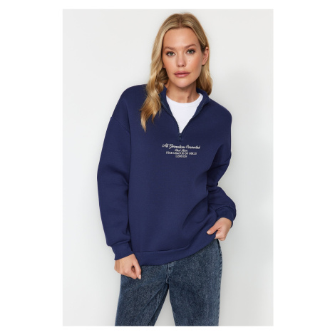 Trendyol Navy Blue Thick Fleece Zippered High Neck Oversize/Cream Knitted Sweatshirt