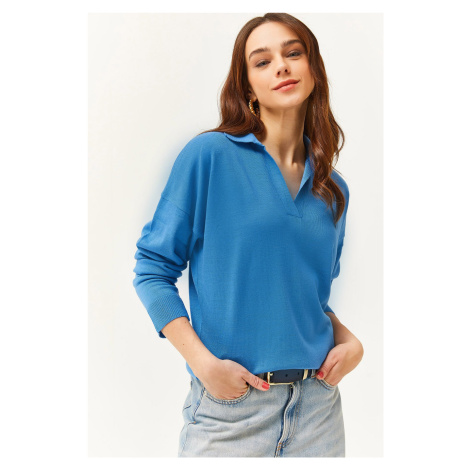 Olalook Women's Blue Polo Neck Fine Knitwear Sweater