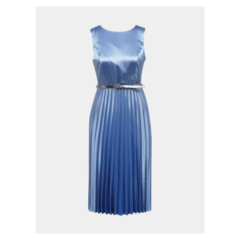 Modré saténové šaty s plisovanou sukňou Dorothy Perkins