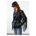 Trendyol Black Regular Fit Belted Tassel Detailed Faux Leather Coat