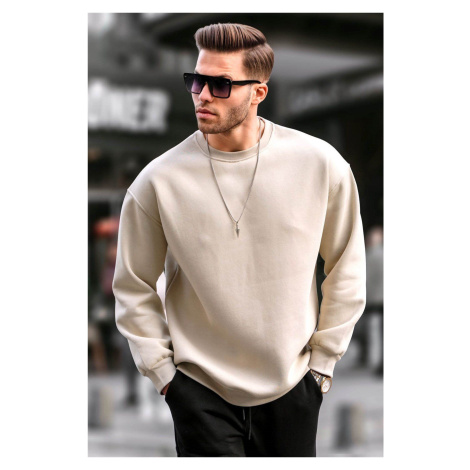 Madmext Beige Crew Neck Oversized Men's Charcoal Basic Sweatshirt 6048