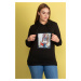 Şans Women's Plus Size Black Hooded Sweatshirt with Letters on the Front