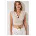 Happiness İstanbul Women's Cream Deep V Neck Crop Sandy Knitted Blouse