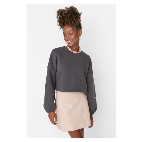 Trendyol Smoked Thick Fleece Comfort Cut Crop Sleeve Printed Knitted Sweatshirt