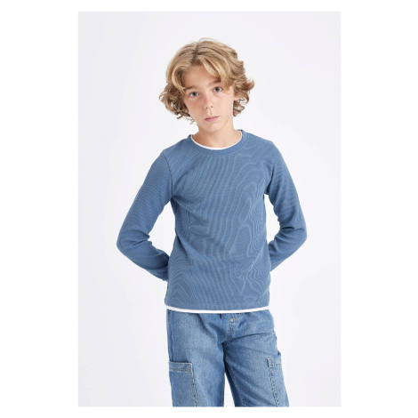 DEFACTO Boy's Crew Neck Basic Plain Waffle Long Sleeve T-Shirt