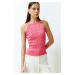 Trendyol Fuchsia Textured Plain Slim Halter Neck Strap Knitted Blouse