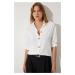 Happiness İstanbul Women's White Balloon Sleeve Linen Ayrobin Shirt