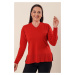 By Saygı V-neck Acrylic Sweater with Models with Sleeves and Slits in the Sides, Plus Size Coral