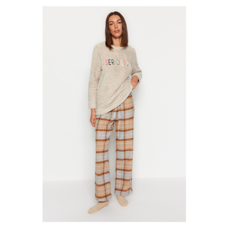 Trendyol hnedé-multifarebné prémiové bavlnené kárované tkané pyžamové nohavice