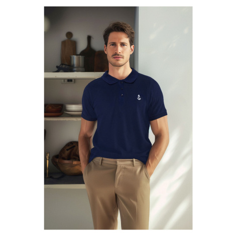 Trendyol Navy Blue Regular/Normal Fit Textured 100% Cotton Polo Neck T-shirt