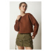 Happiness İstanbul Women's Brown Crew Neck Raised Crop Knitted Sweatshirt