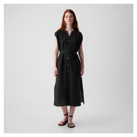 Šaty GAP Shortsleeve Gauze Tie Waist Button Down Midi Dress Black