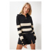 Happiness İstanbul Women's Black Cream Zipper Turtleneck Striped Knitwear Sweater