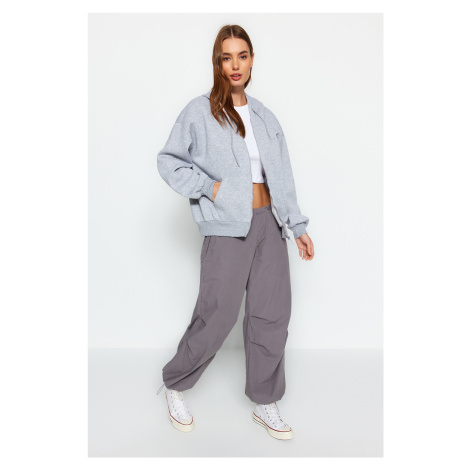 Trendyol Gray Oversize/Comfortable fit Basic Hood with Zippered Fleece Inside Knitted Sweatshirt