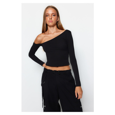 Trendyol Black One-Shoulder Cotton Elastic Fitted/Situated Crop Knitted Blouse