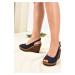 Fox Shoes Navy Blue Linen Wedge Heels Women's Shoes