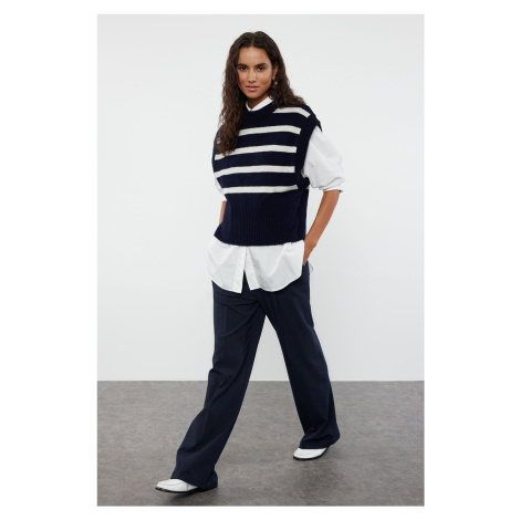 Trendyol Navy Blue Soft Texture Striped Crew Neck Knit Sweater