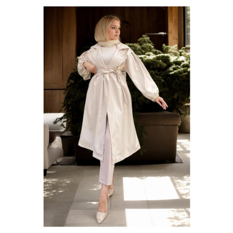 40345 Dewberry Belted Balloon Sleeve Women Trenchcoat-BEIGE