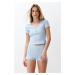 Trendyol Light Blue Button Detailed Ribbed Knitted Pajamas Set