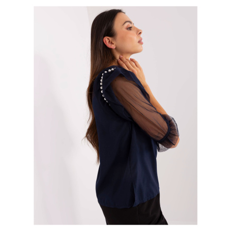 Navy blue formal blouse with mesh sleeves