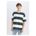 DEFACTO Men's Green Boxy Fit Wide Cut Crew Neck White Striped Cotton Short Sleeve T-Shirt