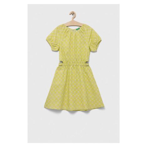 Dievčenské ľanové šaty United Colors of Benetton zelená farba, mini, áčkový strih