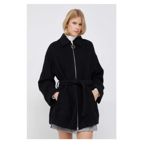 Kabát s prímesou vlny United Colors of Benetton čierna farba, prechodný, oversize