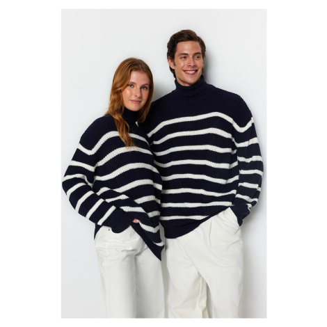 Trendyol Navy Blue Unisex Oversize Fit Wide Pattern Striped Knitwear Sweater