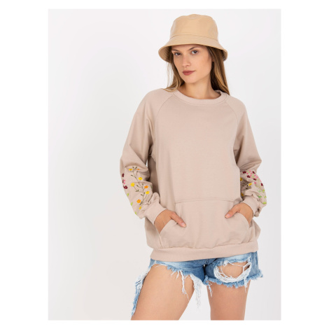 Beige sweatshirt RUE PARIS without hood with embroidery on the sleeves