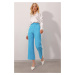 Trend Alaçatı Stili Women's Turquoise Blue Stitching at the Front Woven Collar Trousers