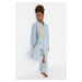 Trendyol Blue Slogan Printed Shirt Collar Woven Cotton Pajamas Set