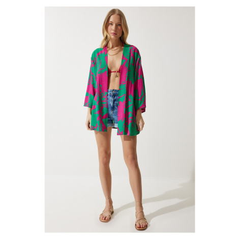 Happiness İstanbul Women's Green Pink Patterned Viscose Kimono