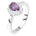Strieborný prsteň 925 - fialový slzičkový kamienok, zirkónová obruba - Veľkosť: 67 mm