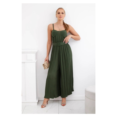 Pleated jumpsuit with khaki straps