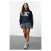 Trendyol Navy Blue Printed Thick Inner Fleece Relaxed Knitted Sweatshirt