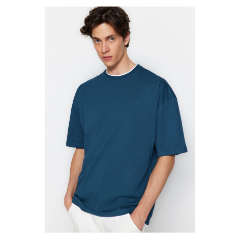 Trendyol Petrol Oversize/Wide Cut Short Sleeve Contrast Piece Detail Cotton T-Shirt