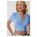 Happiness İstanbul Women's Sky Blue Deep V-Neck Crop Sandy Knitted Blouse