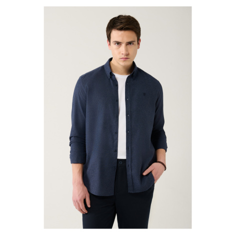 Avva Men's Navy Blue Button Collar Cotton Comfort Fit Relaxed Cut Shirt