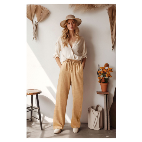 Trendyol Camel Straight Elastic Waist Laced Linen Look Trousers