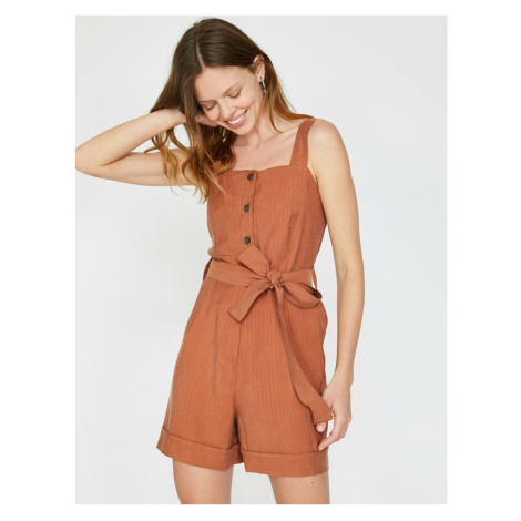 Koton Women's Brown Collar with Button Detailed Tie Waist, Pocket Detailed Rompers