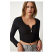 Happiness İstanbul Women's Black Zipper Ribbed Crop Blouse