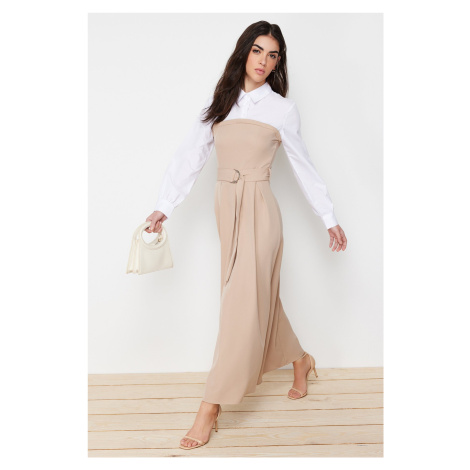 Trendyol Beige Belted Inside Shirt Detailed Woven Dress