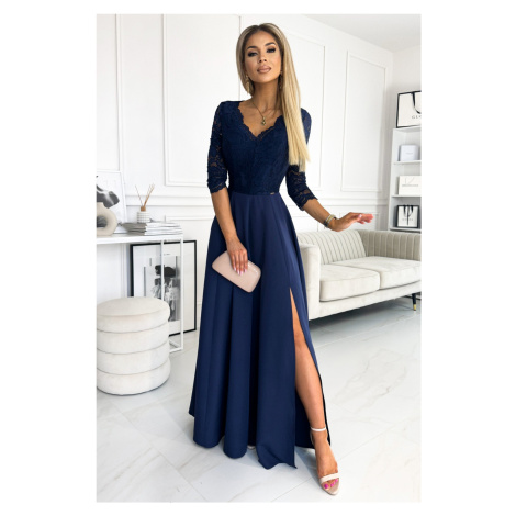 Elegantné modré krajkové dlhé šaty s výstrihom ELISA 309-6 NUMOCO