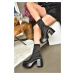 Fox Shoes R404300004 Black Stretch Fabric Women's Boots with Thick Heels