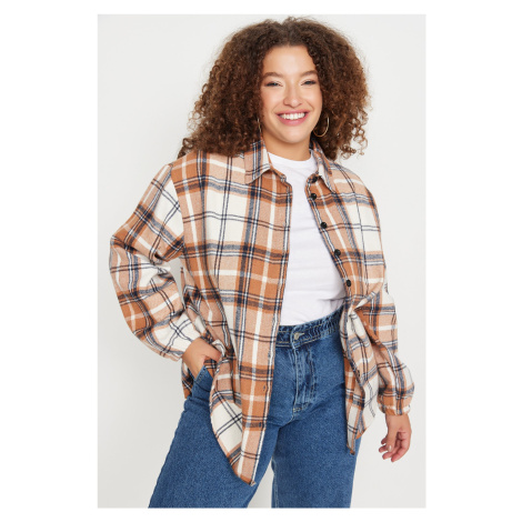 Trendyol Curve Brown Plaid Long Sleeve Oversize Winter Woven Shirt