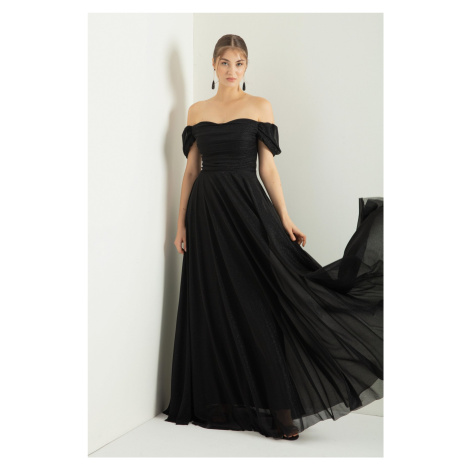Lafaba dámske čierne šaty s lodným výstrihom, dlhé, trblietavé, večerné šaty s rozparkom.