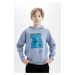 DEFACTO Boy's Graffiti Printed Hooded Soft Fuzzy Thick Blue Sweatshirt