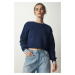 Happiness İstanbul Women's Navy Blue Crew Neck Raised Crop Knitted Sweatshirt